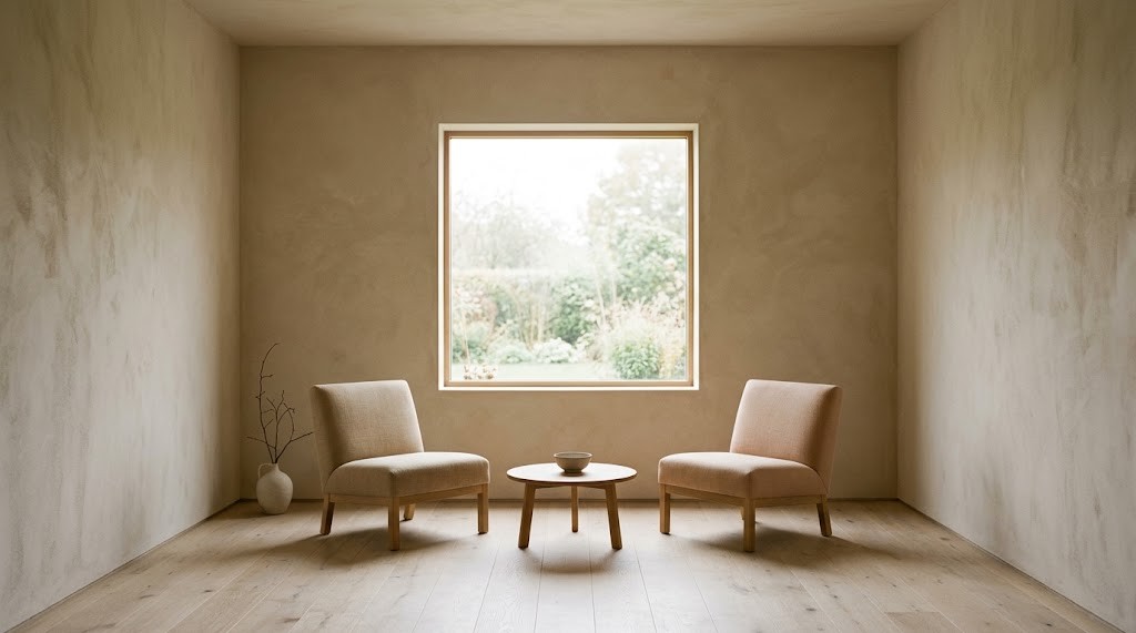 Habitación clara con una ventana y dos sillones enfrentados.